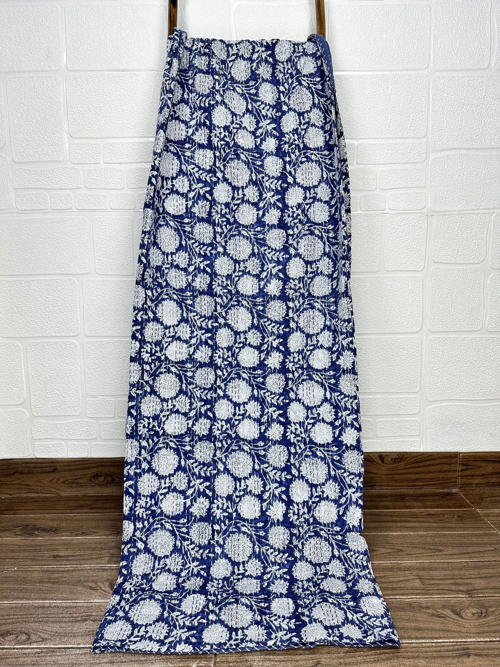 Pure Cotton Kantha Stitch Throw | Indian Hand Block Quilted King Size Bedspread/Sofa Cover Home Decor | Floral Reversible Print Blue