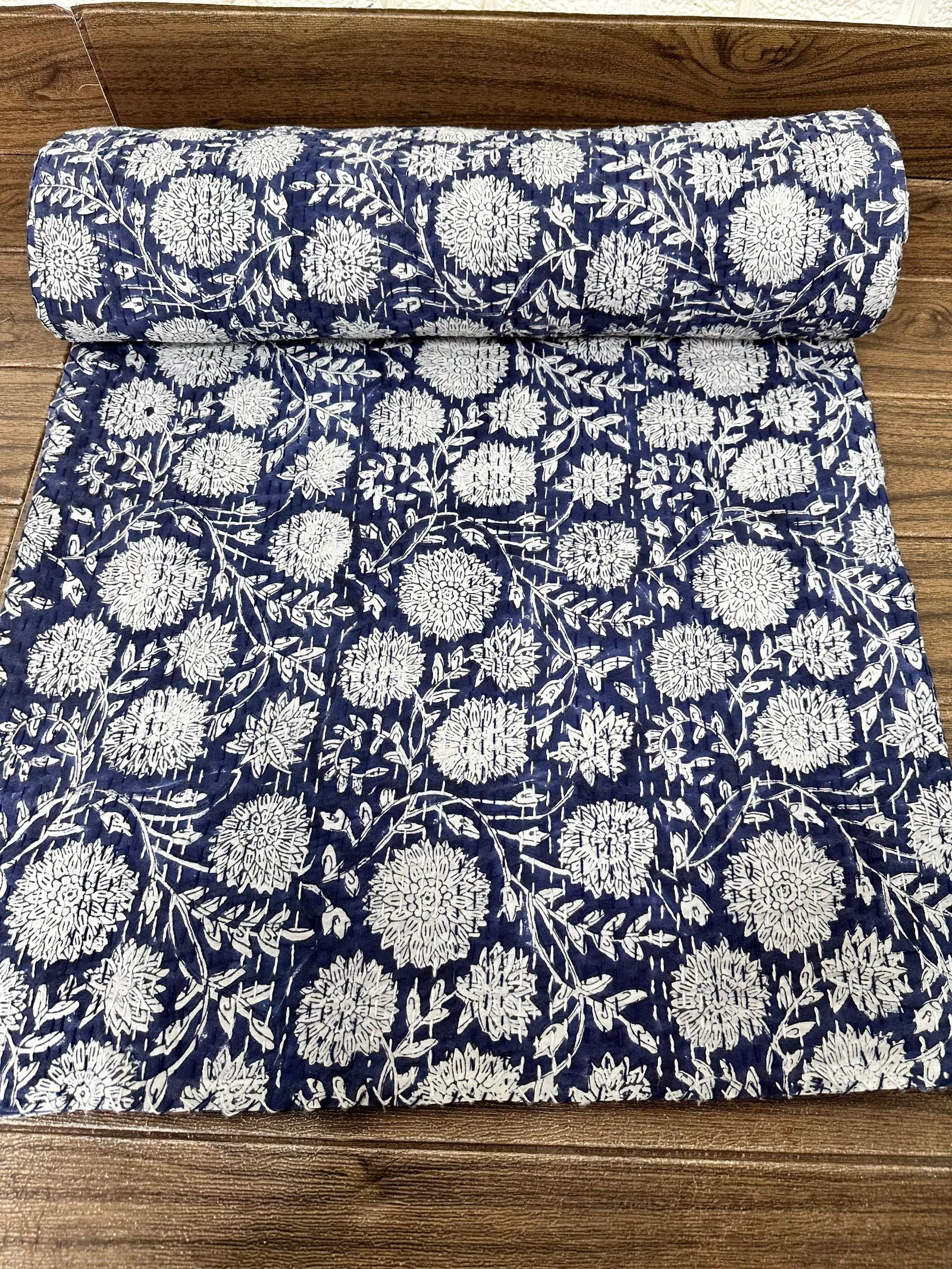 Pure Cotton Kantha Stitch Throw | Indian Hand Block Quilted King Size Bedspread/Sofa Cover Home Decor | Floral Reversible Print Blue