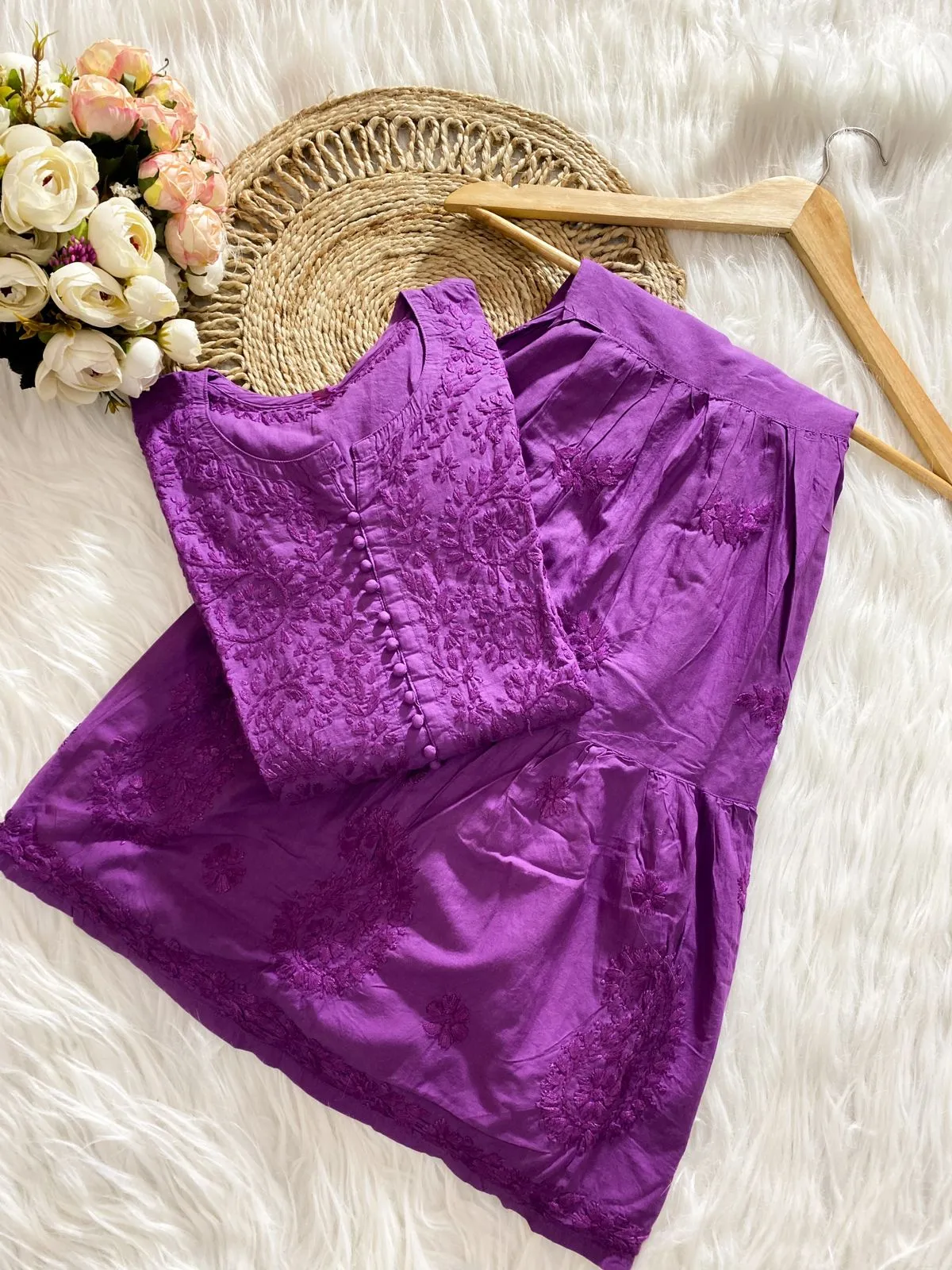 Purple Pure Mal Mal Dyed Gharara Co-ord Set with Lucknow Chikankari Work