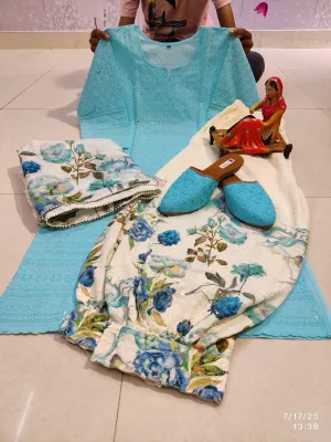 Serene Light Blue Cotton Phulkari Suit: Afghani Salwar and Digital Print Dupatta