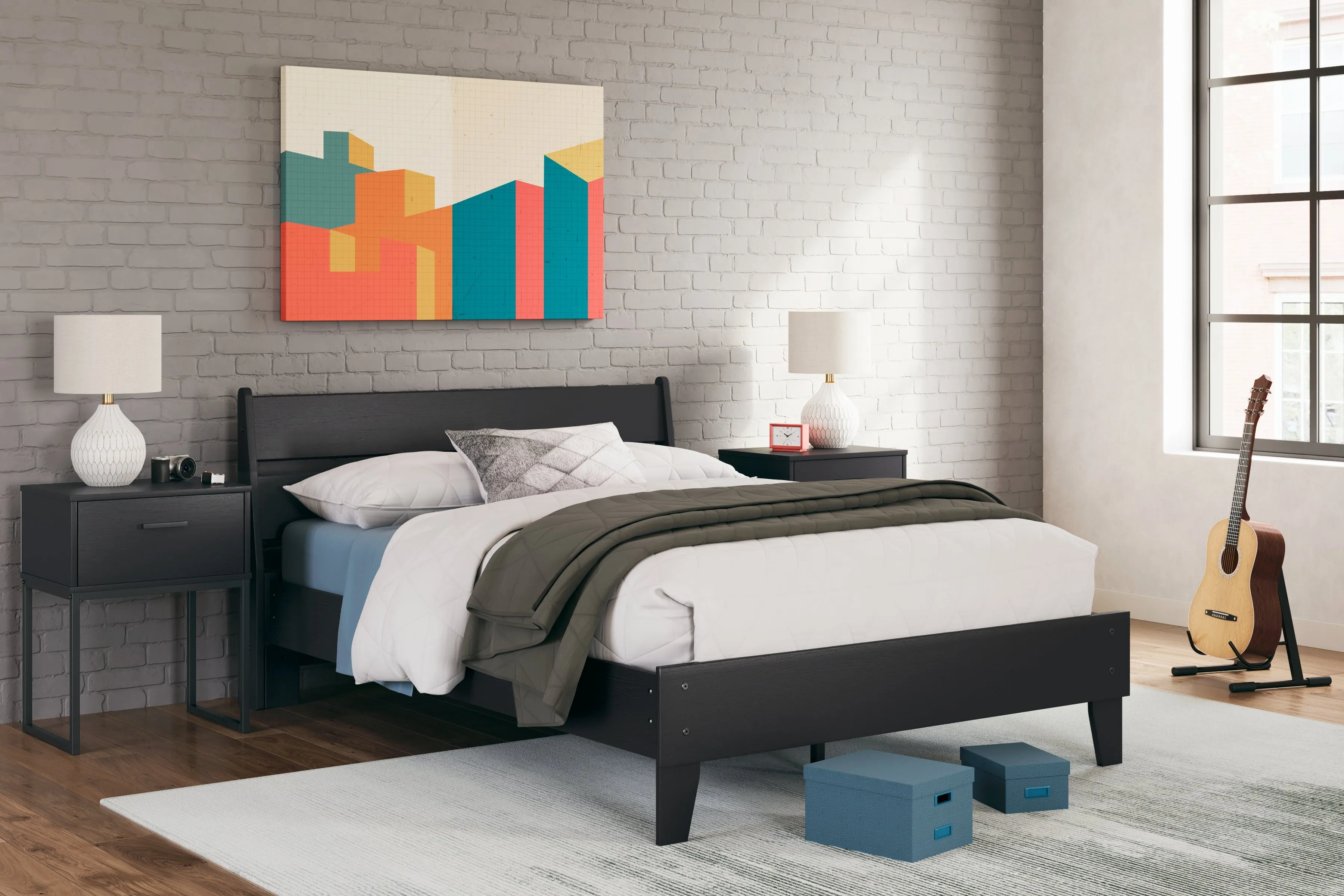 Socalle Full Panel Platform Bed with 2 Nightstands in Black