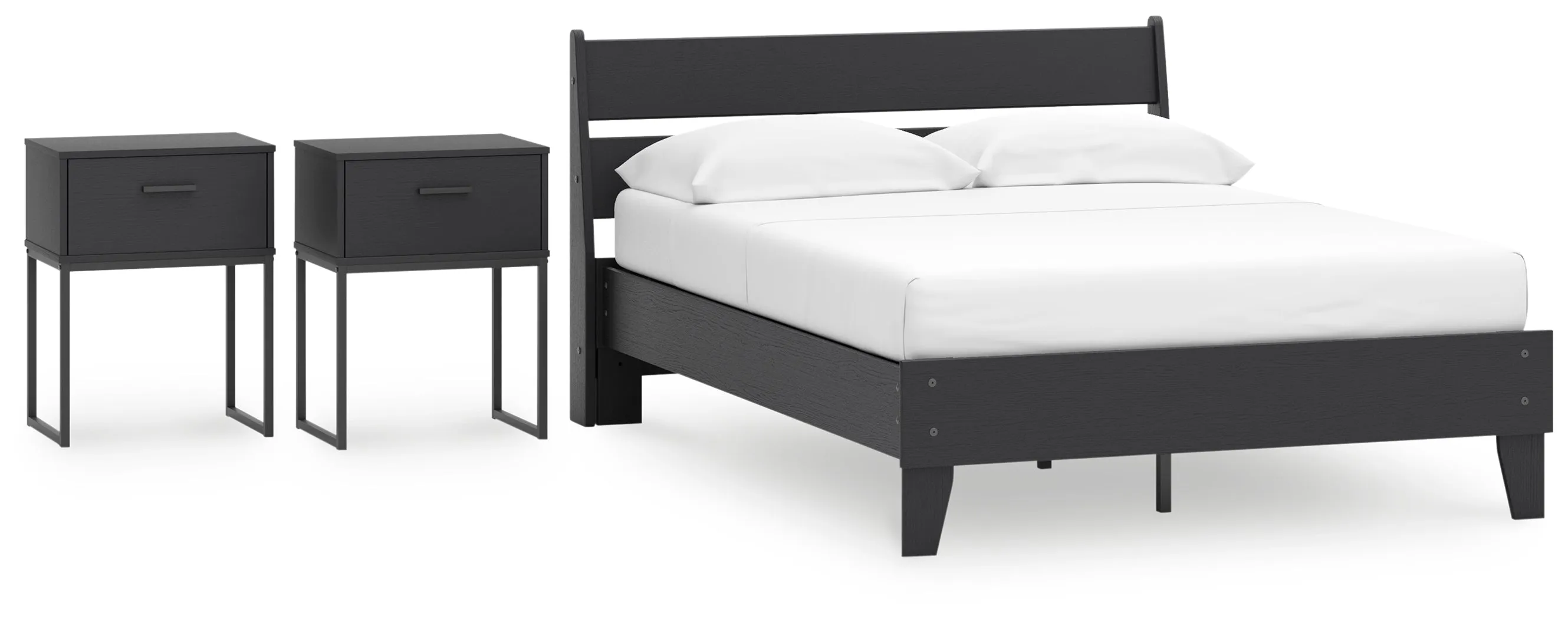 Socalle Full Panel Platform Bed with 2 Nightstands in Black