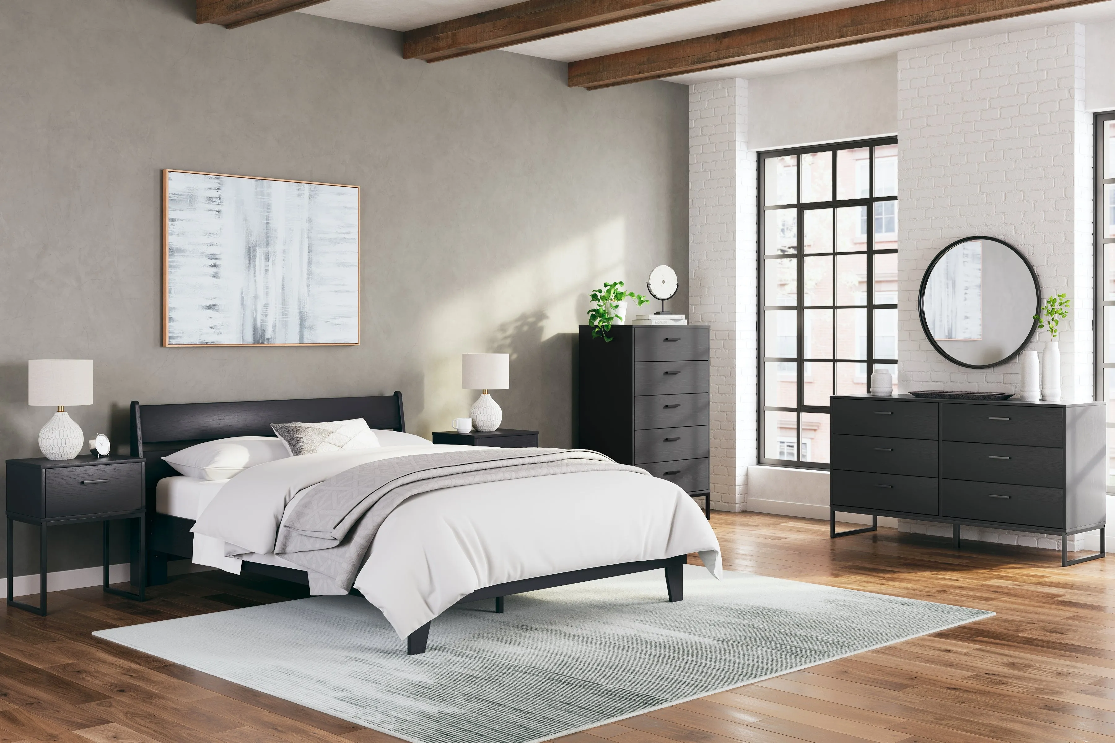 Socalle Queen Panel Platform Bed with Dresser and Chest in Black