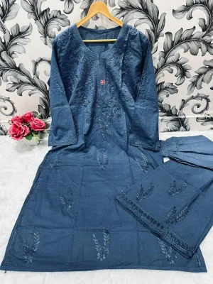 Teal grey Chikankari Bliss Combo: Dyeable Pure Cotton Kurti & Palazzo Set