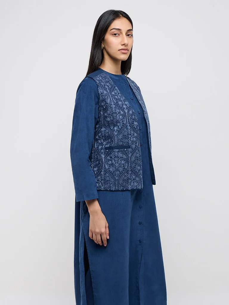Utsa Indigo Embroidered Cotton Jacket