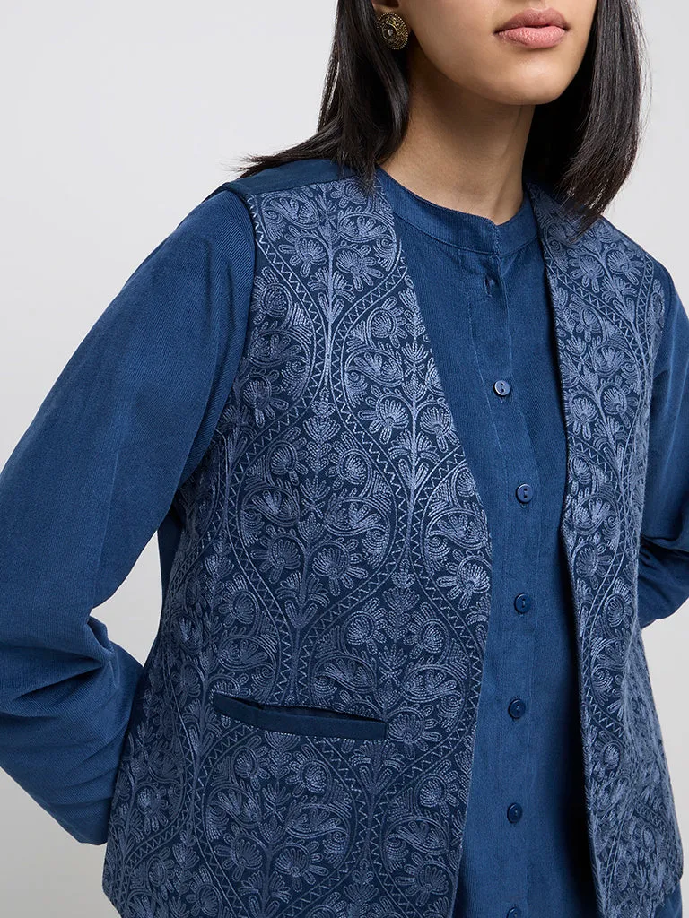 Utsa Indigo Embroidered Cotton Jacket