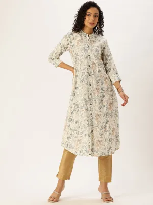 White & Blue Floral Printed A-Line Kurta