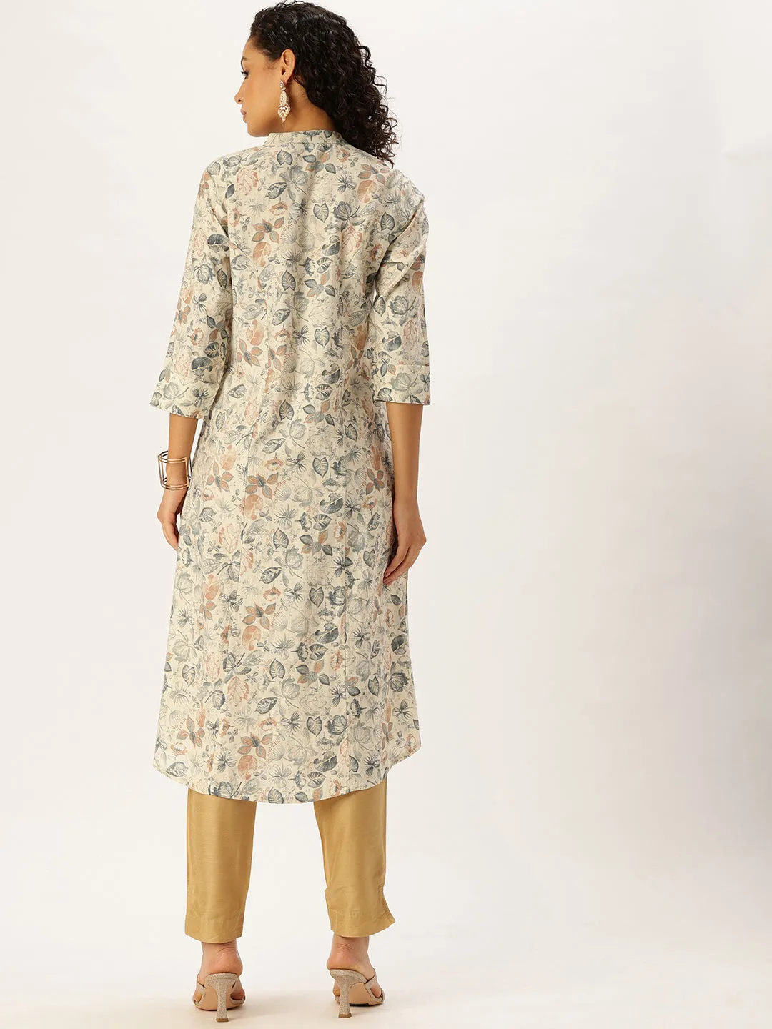 White & Blue Floral Printed A-Line Kurta
