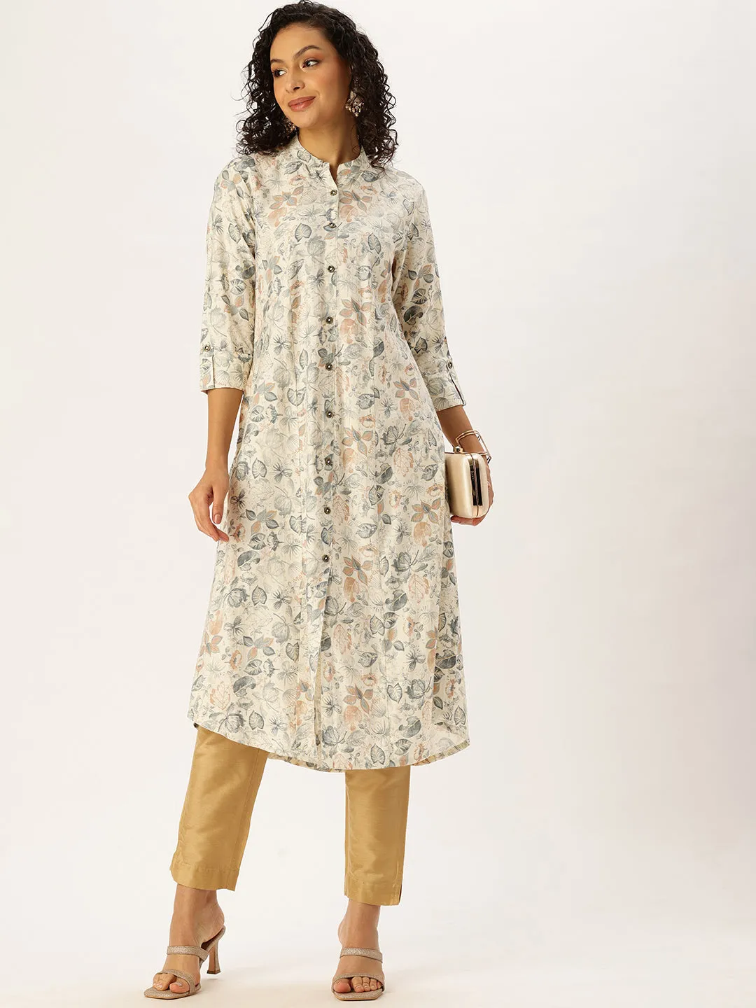 White & Blue Floral Printed A-Line Kurta