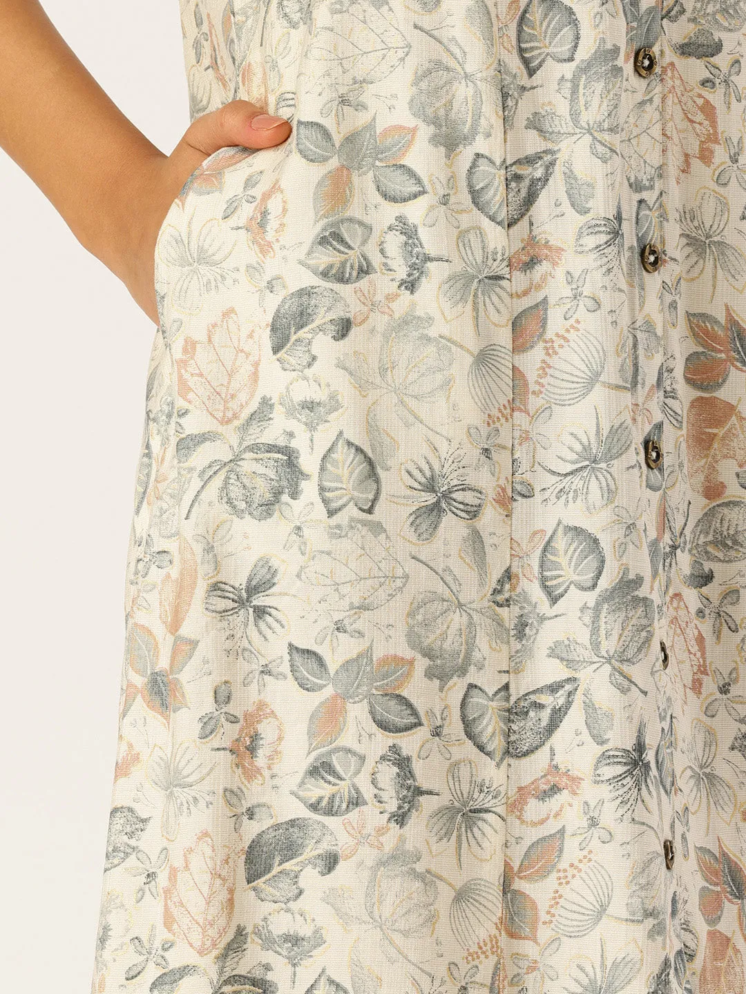White & Blue Floral Printed A-Line Kurta