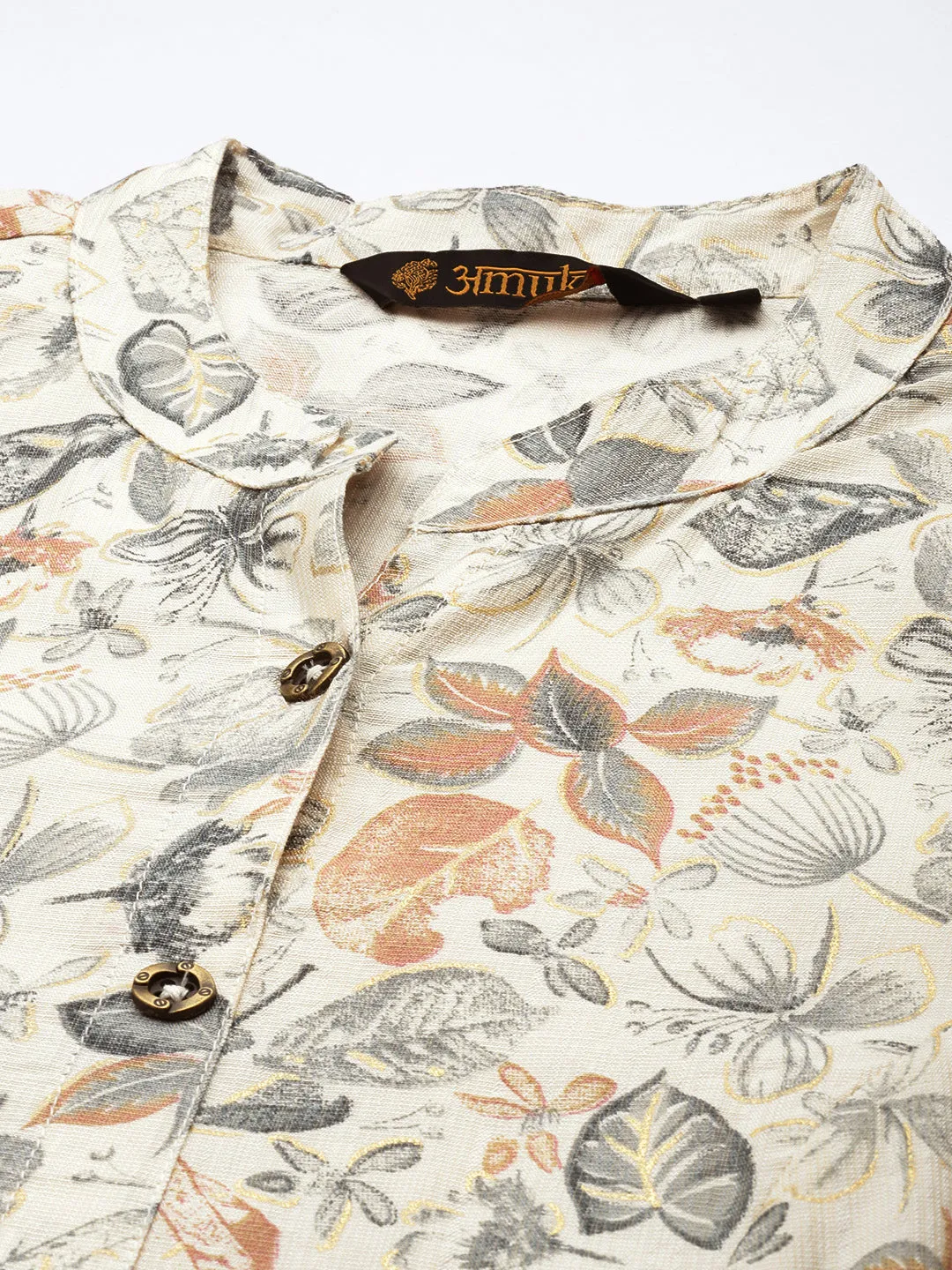 White & Blue Floral Printed A-Line Kurta