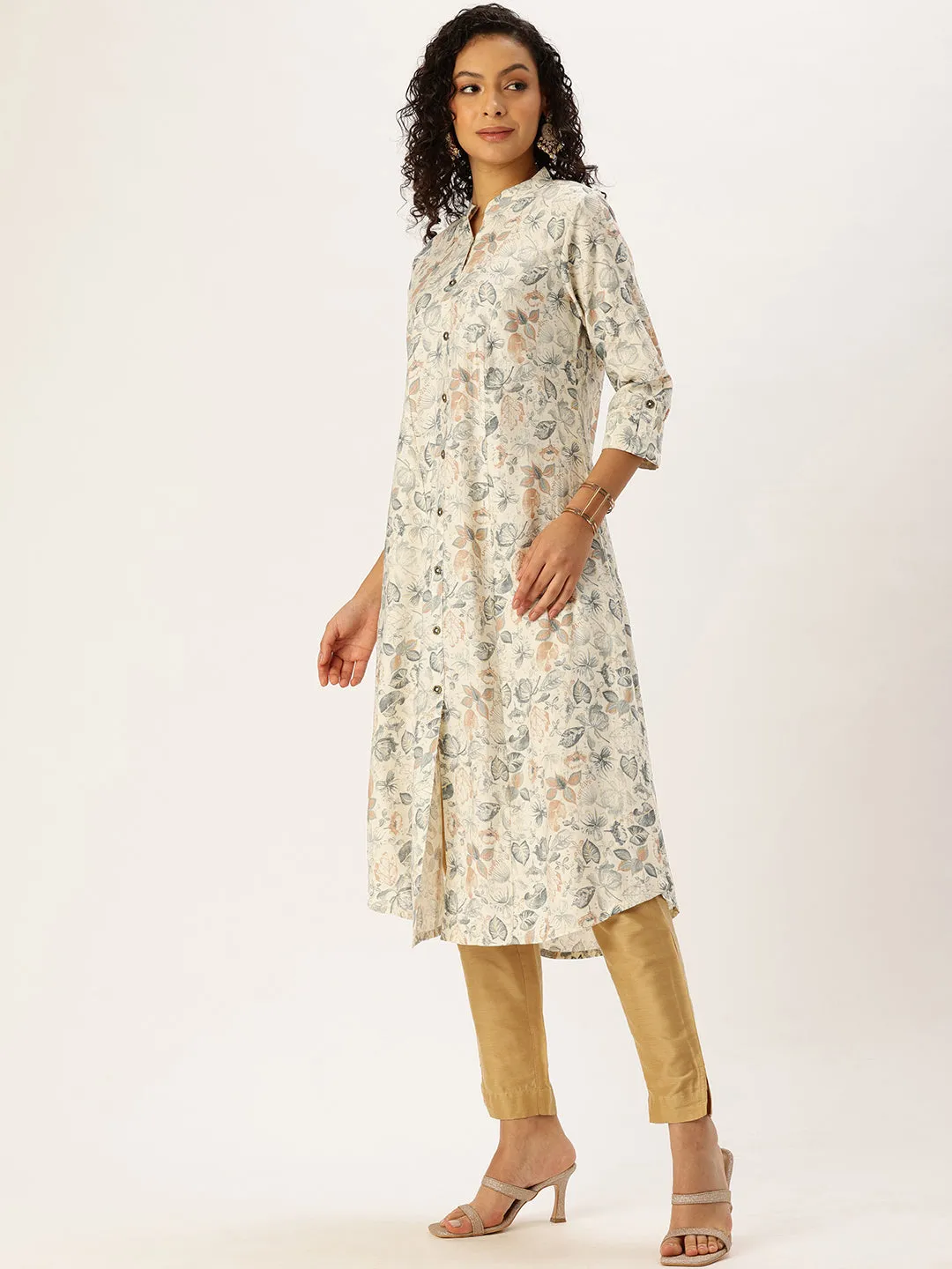 White & Blue Floral Printed A-Line Kurta