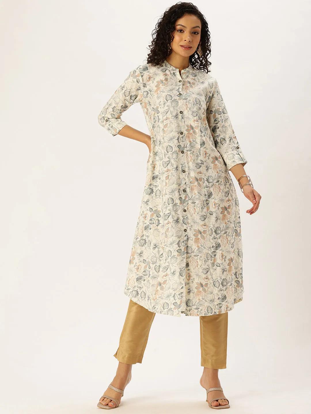 White & Blue Floral Printed A-Line Kurta
