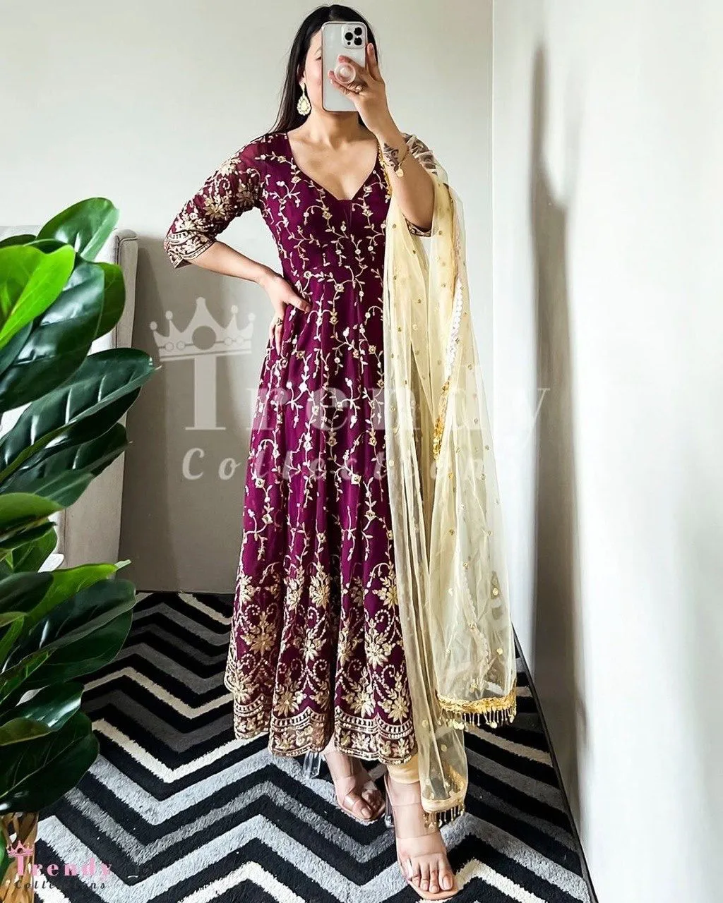 Wine Color Embroidery Sequence Work Gown with Dupatta