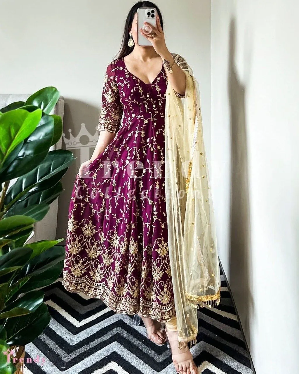 Wine Color Embroidery Sequence Work Gown with Dupatta