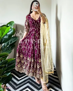 Wine Color Embroidery Sequence Work Gown with Dupatta