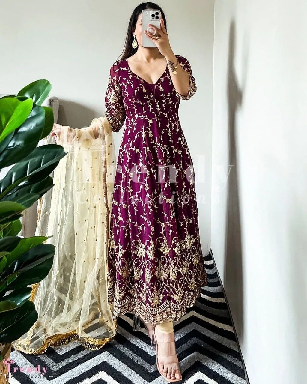 Wine Color Embroidery Sequence Work Gown with Dupatta