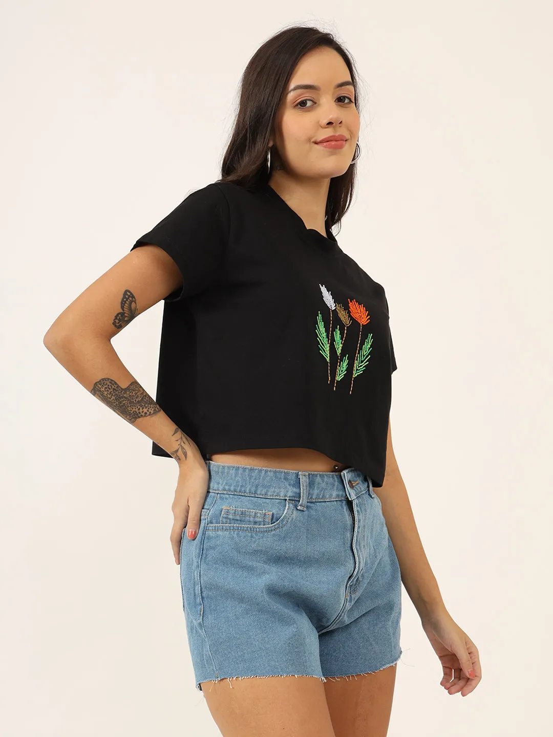 Women Beads Work Crop T-shirt