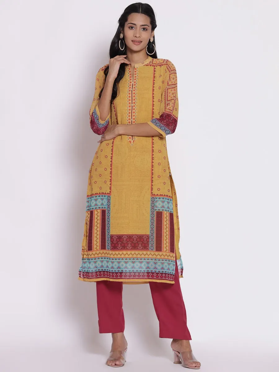 Women Mustard Geometrical Print Kurta