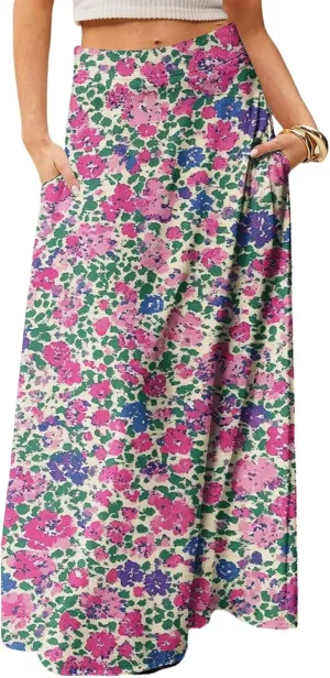 Women's Boho Dresses 2025 Floral Skirt Casual Elastic High Waist Maxi Skirts Flowy A Line Beach Long Skirt, S-2XL