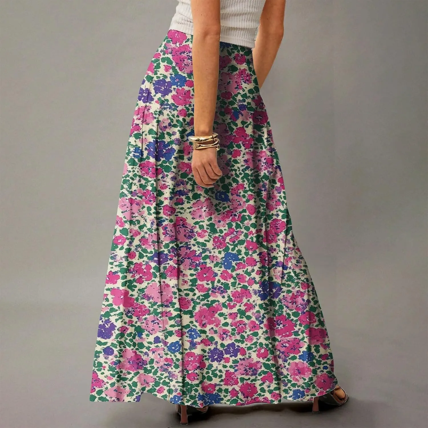 Women's Boho Dresses 2025 Floral Skirt Casual Elastic High Waist Maxi Skirts Flowy A Line Beach Long Skirt, S-2XL