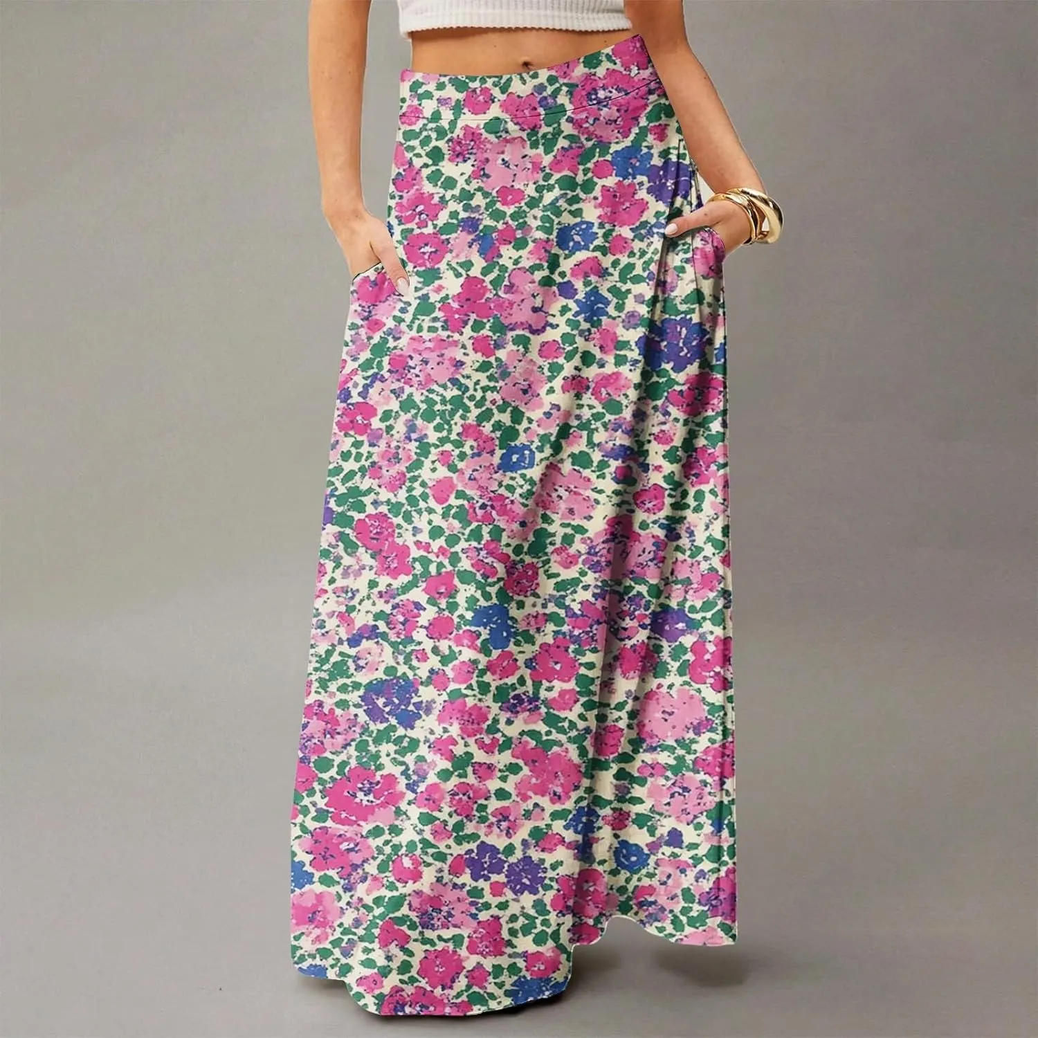 Women's Boho Dresses 2025 Floral Skirt Casual Elastic High Waist Maxi Skirts Flowy A Line Beach Long Skirt, S-2XL