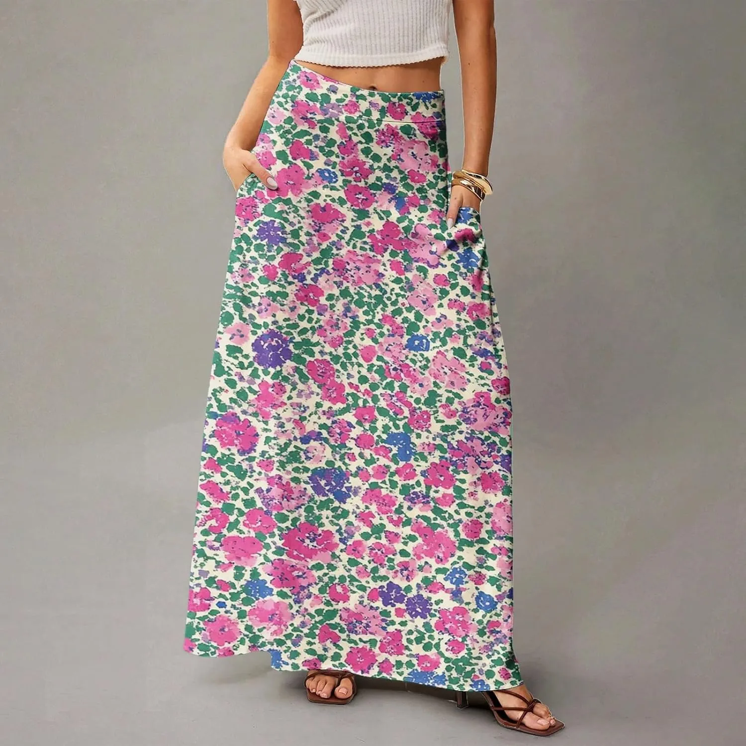Women's Boho Dresses 2025 Floral Skirt Casual Elastic High Waist Maxi Skirts Flowy A Line Beach Long Skirt, S-2XL