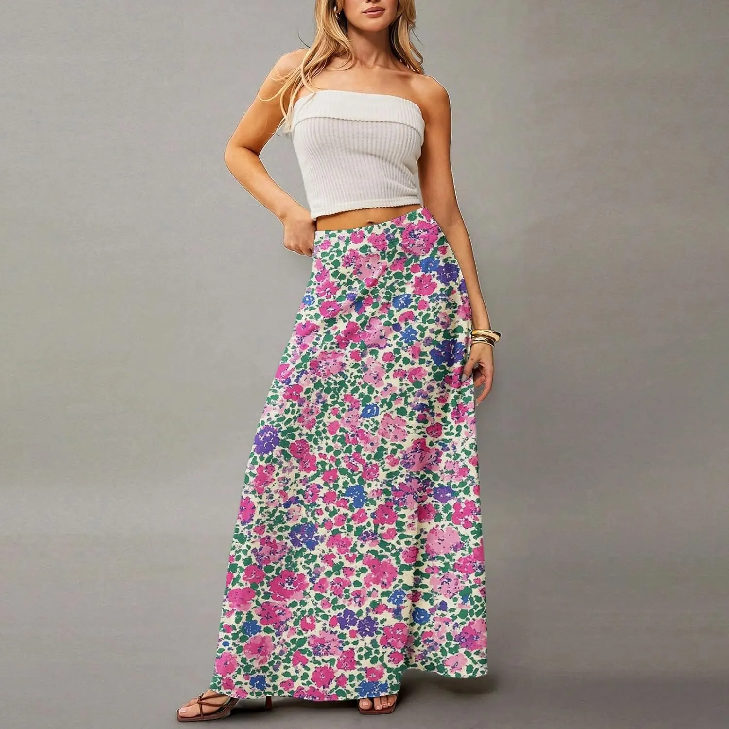 Women's Boho Dresses 2025 Floral Skirt Casual Elastic High Waist Maxi Skirts Flowy A Line Beach Long Skirt, S-2XL