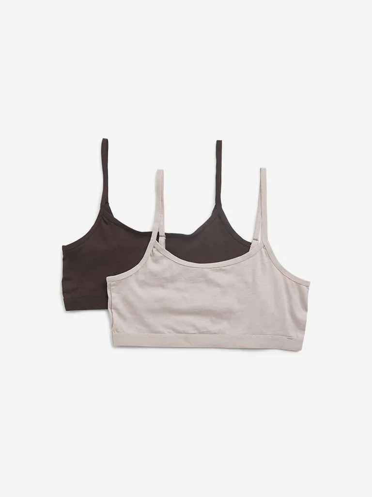 Y&F Kids Beige & Dark Brown Cotton Crop Top - Pack of 2