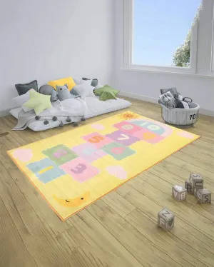 Yellow Hopscotch Letters Printed Nylon Kids Carpet | 5 x 3 Feet