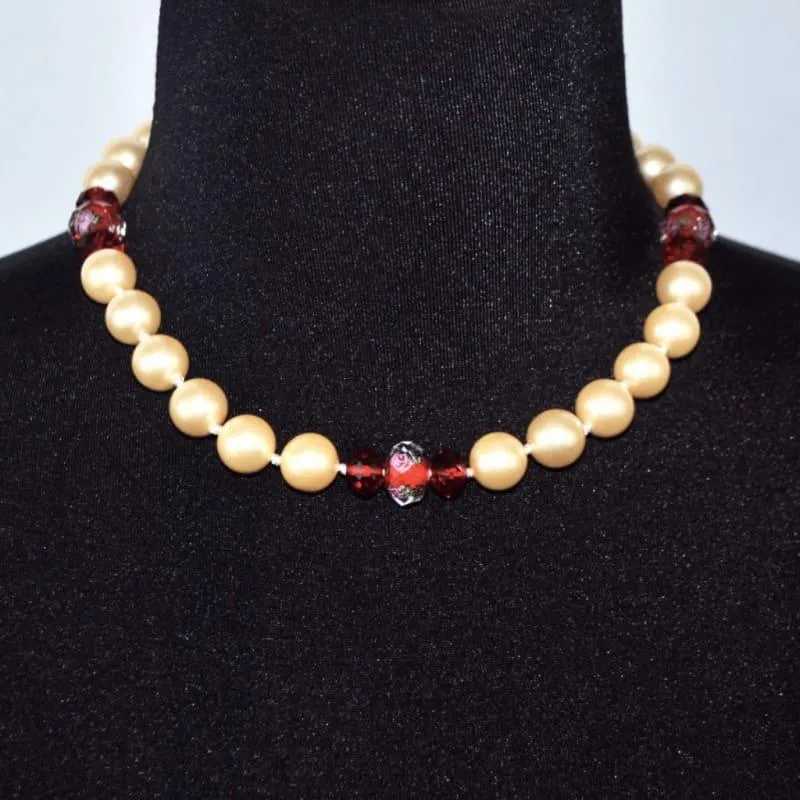 Yellow Shell Pearls With Red Crystal Ascent Necklace