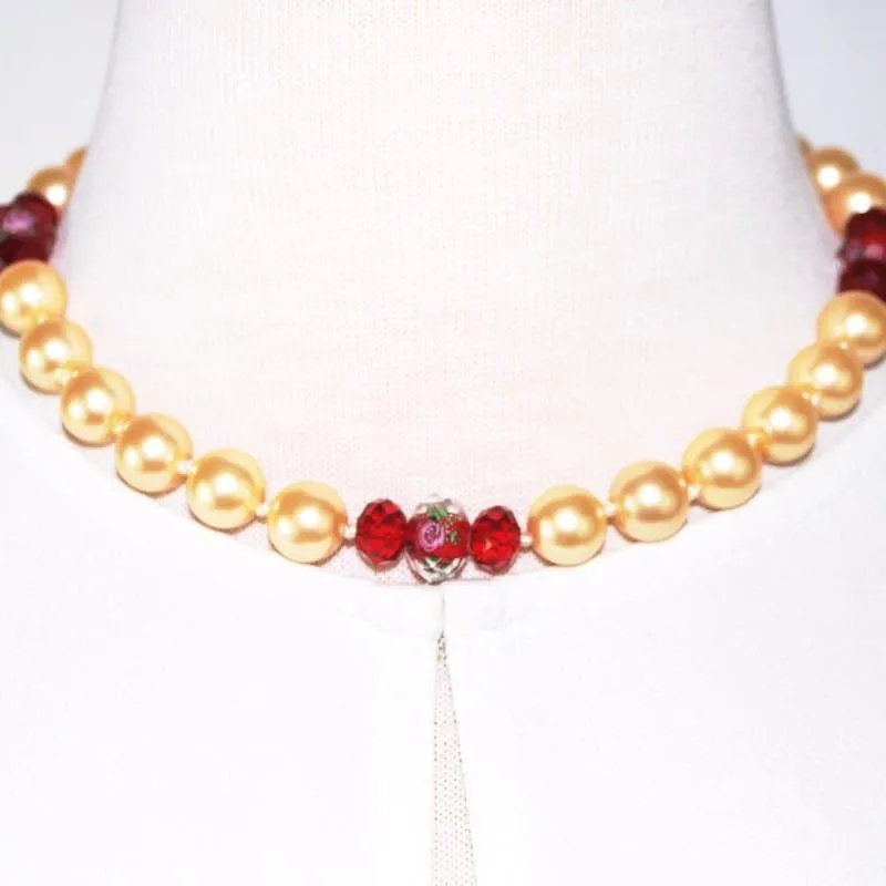 Yellow Shell Pearls With Red Crystal Ascent Necklace