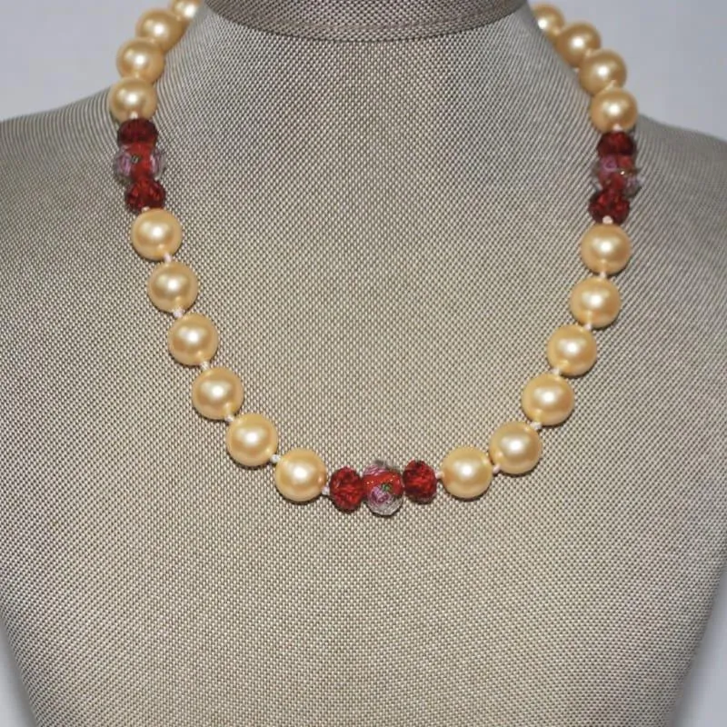 Yellow Shell Pearls With Red Crystal Ascent Necklace