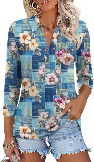 ZHENWEI Women's 3/4 Length Sleeve V-Neck Collared Tops Summer Business Casual Work Polo Shirts 2025
