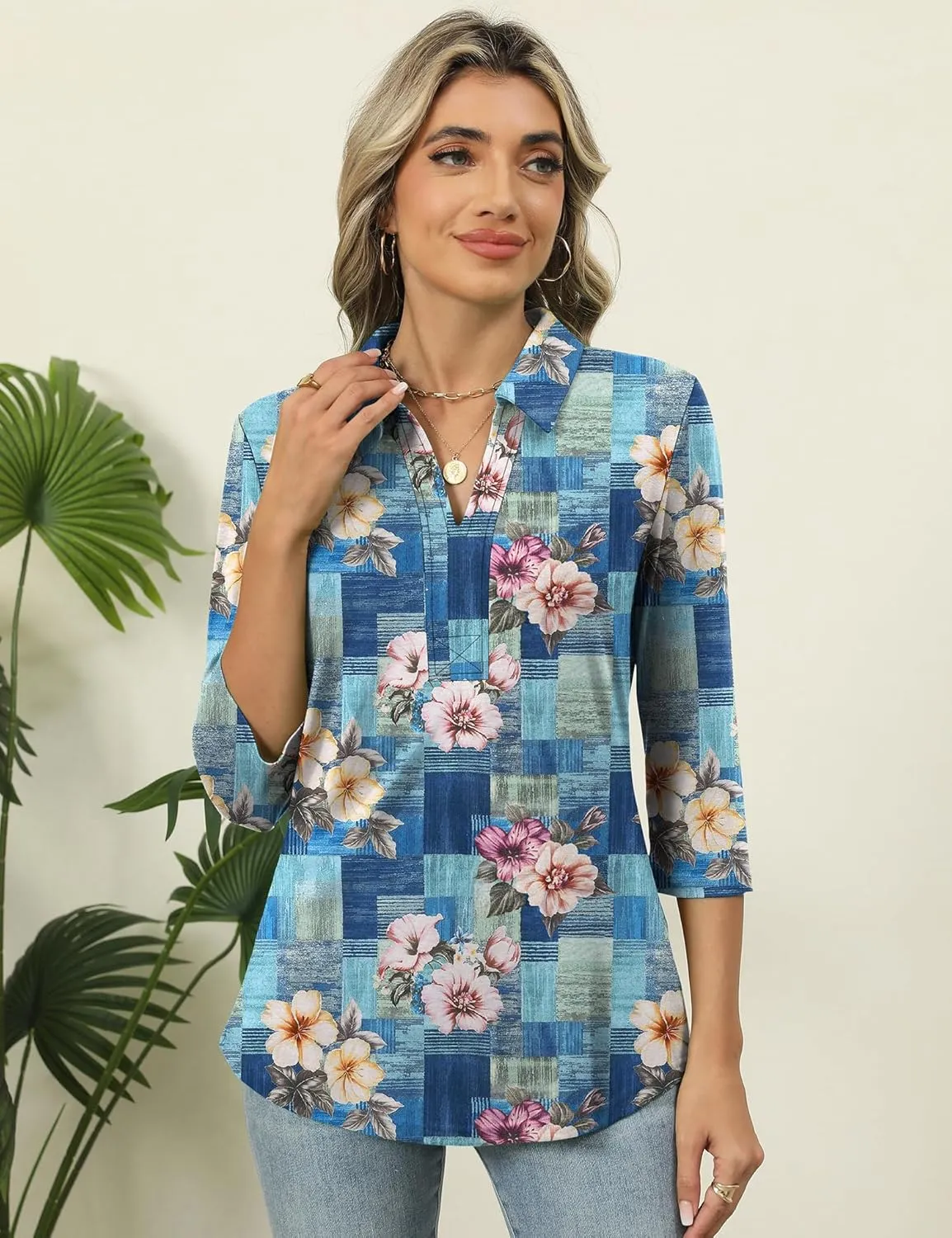 ZHENWEI Women's 3/4 Length Sleeve V-Neck Collared Tops Summer Business Casual Work Polo Shirts 2025