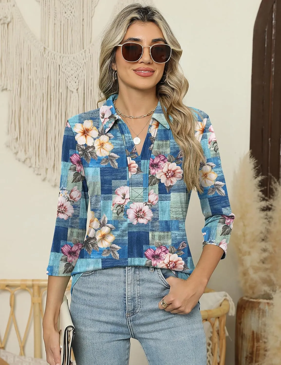 ZHENWEI Women's 3/4 Length Sleeve V-Neck Collared Tops Summer Business Casual Work Polo Shirts 2025