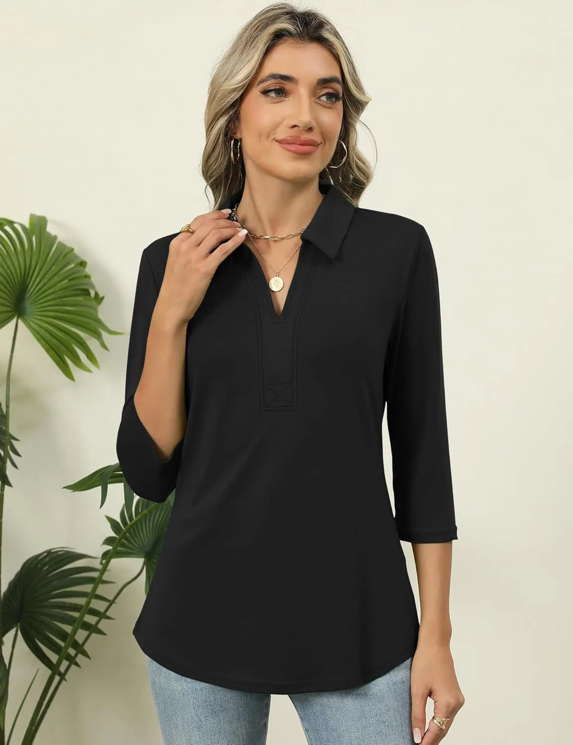 ZHENWEI Women's 3/4 Length Sleeve V-Neck Collared Tops Summer Business Casual Work Polo Shirts 2025