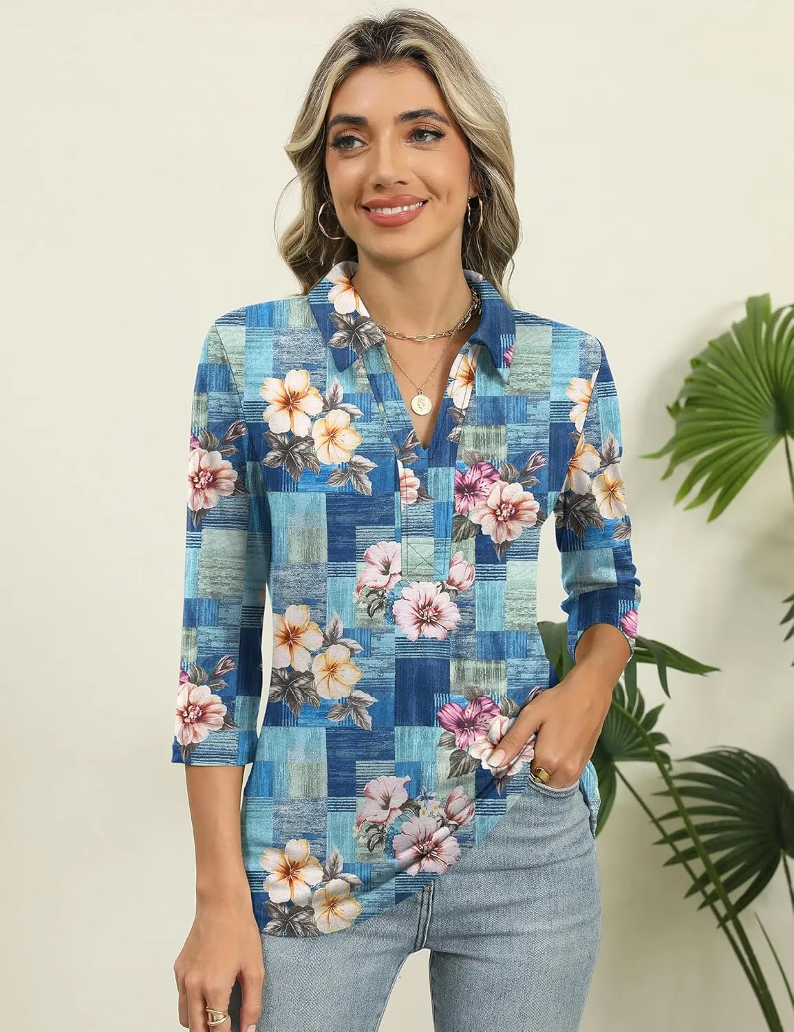ZHENWEI Women's 3/4 Length Sleeve V-Neck Collared Tops Summer Business Casual Work Polo Shirts 2025