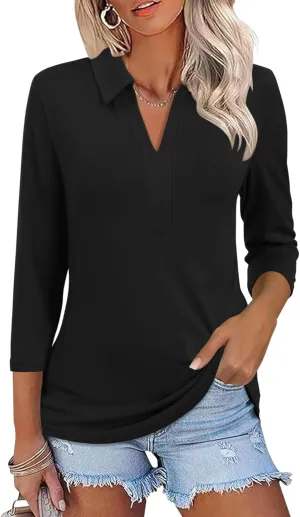 ZHENWEI Women's 3/4 Length Sleeve V-Neck Collared Tops Summer Business Casual Work Polo Shirts 2025